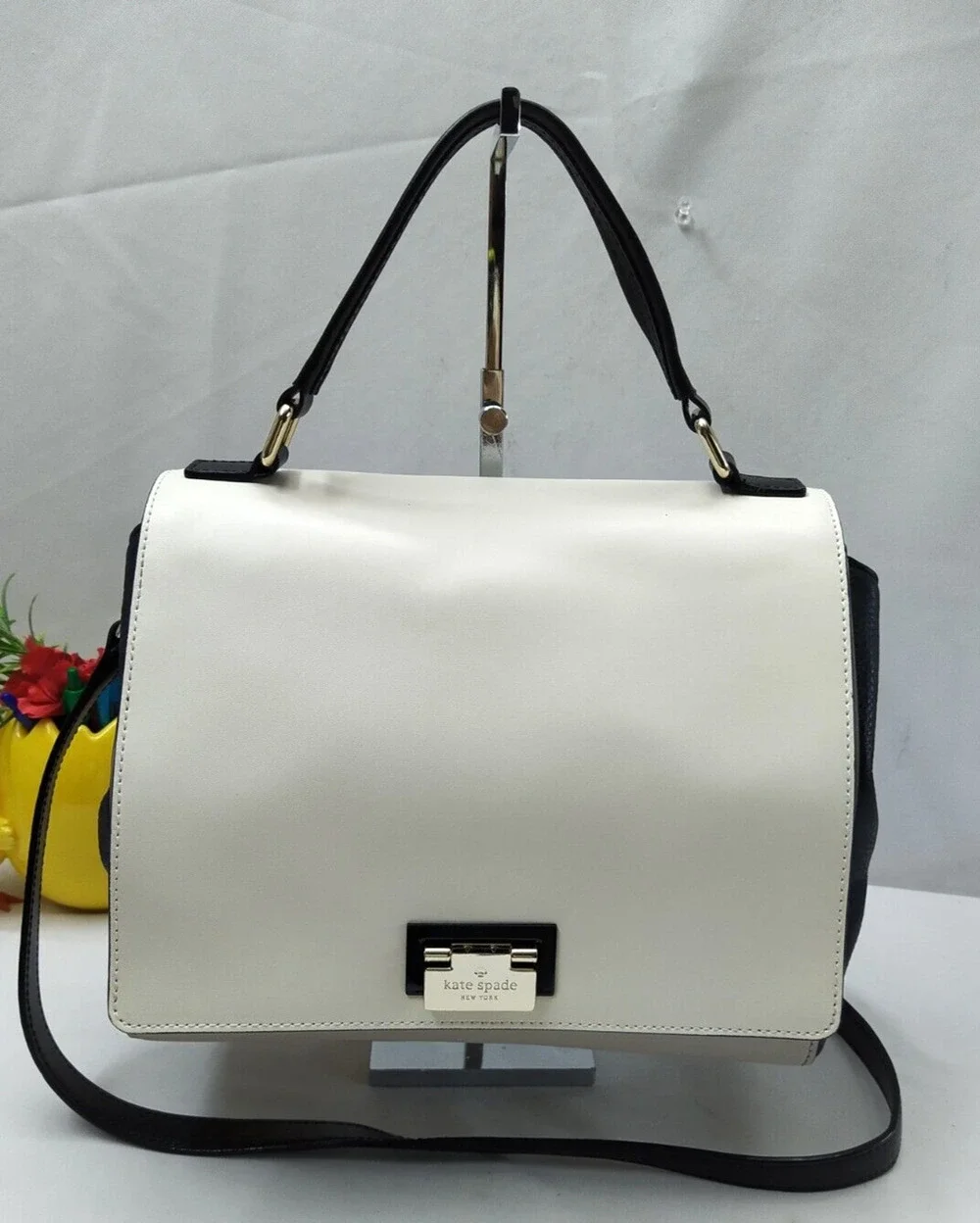 Kate Spade Magnolia Park White Leather 3-Tone Pushlock Satchel Crossbody Bag